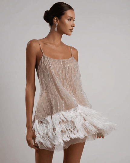 Women's Sequin Mini Dress with an Open Back and Feather Hem