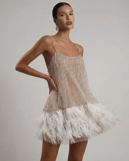 Women's Sequin Mini Dress with an Open Back and Feather Hem