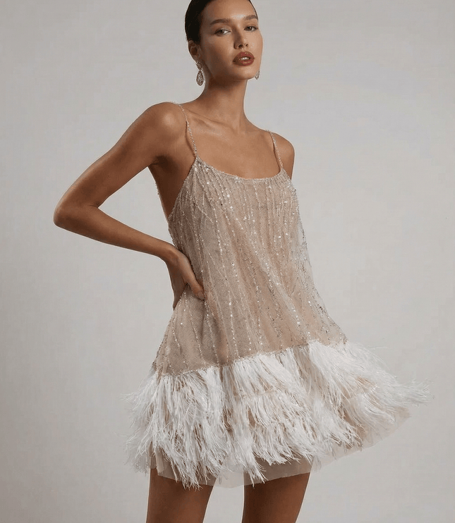 Women's Sequin Mini Dress with an Open Back and Feather Hem