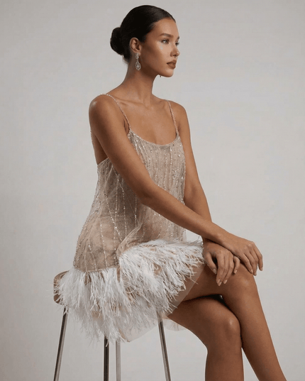 Women's Sequin Mini Dress with an Open Back and Feather Hem