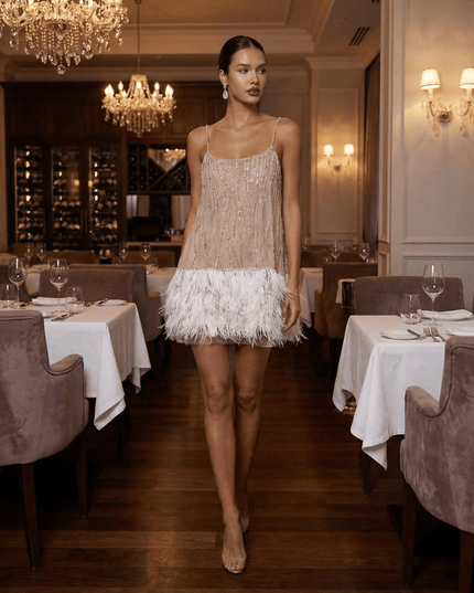 Women's Sequin Mini Dress with an Open Back and Feather Hem