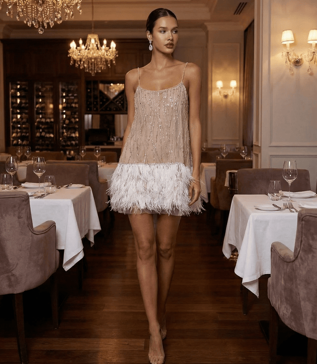 Women's Sequin Mini Dress with an Open Back and Feather Hem