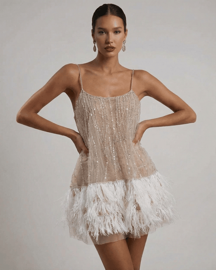 Women's Sequin Mini Dress with an Open Back and Feather Hem