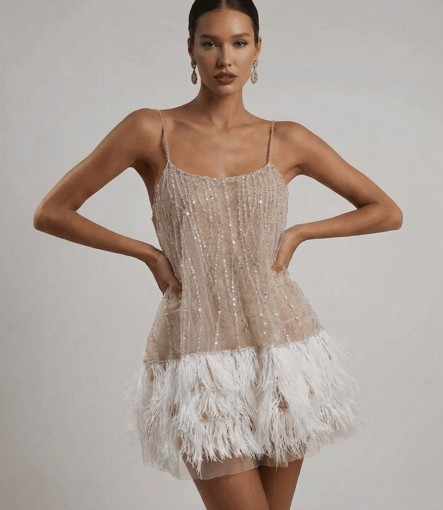 Women's Sequin Mini Dress with an Open Back and Feather Hem