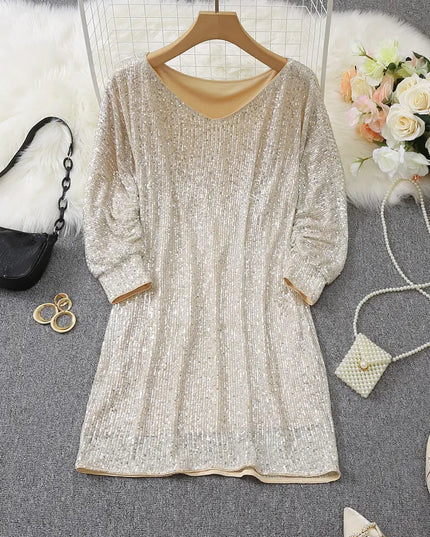Women's Sequin Mini Dress with Dolman Sleeves and a Bare Shoulder