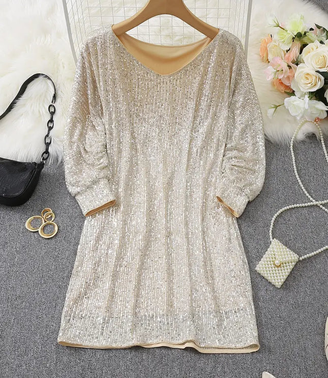 Women's Sequin Mini Dress with Dolman Sleeves and a Bare Shoulder