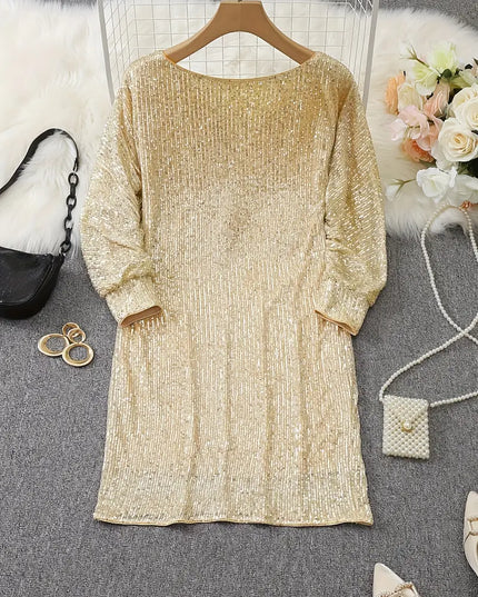 Women's Sequin Mini Dress with Dolman Sleeves and a Bare Shoulder