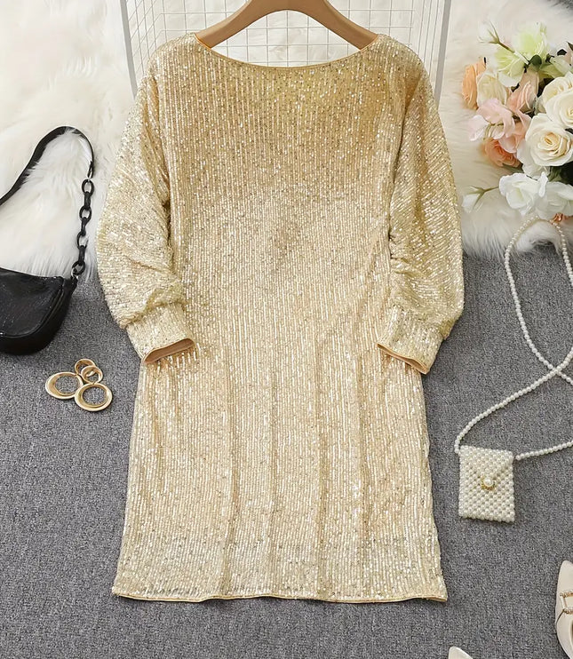 Women's Sequin Mini Dress with Dolman Sleeves and a Bare Shoulder
