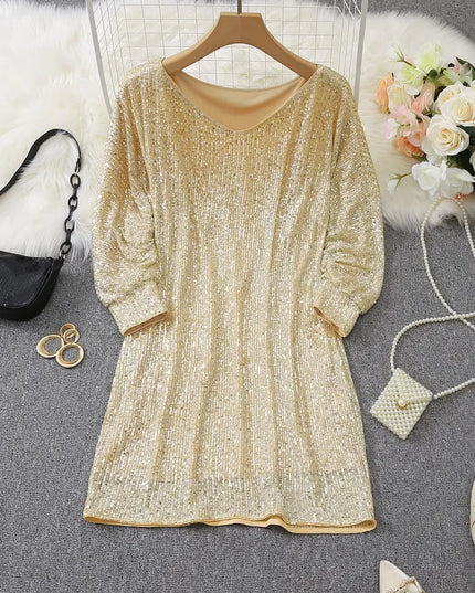 Women's Sequin Mini Dress with Dolman Sleeves and a Bare Shoulder