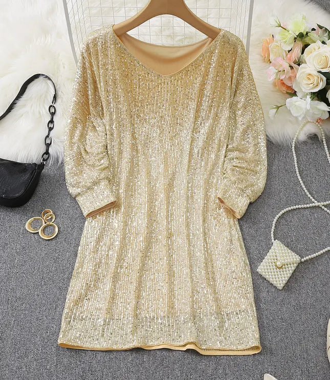 Women's Sequin Mini Dress with Dolman Sleeves and a Bare Shoulder