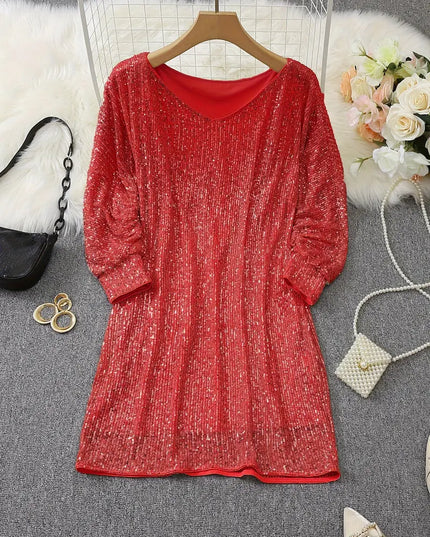 Women's Sequin Mini Dress with Dolman Sleeves and a Bare Shoulder