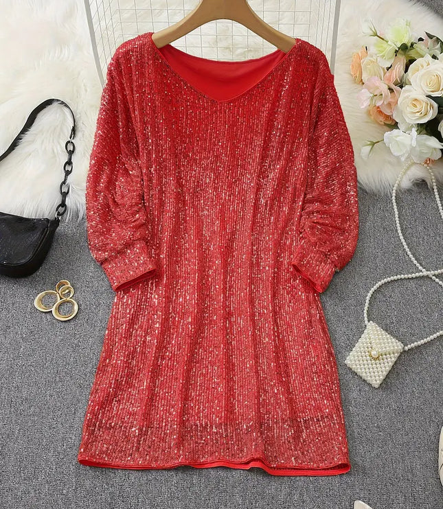 Women's Sequin Mini Dress with Dolman Sleeves and a Bare Shoulder