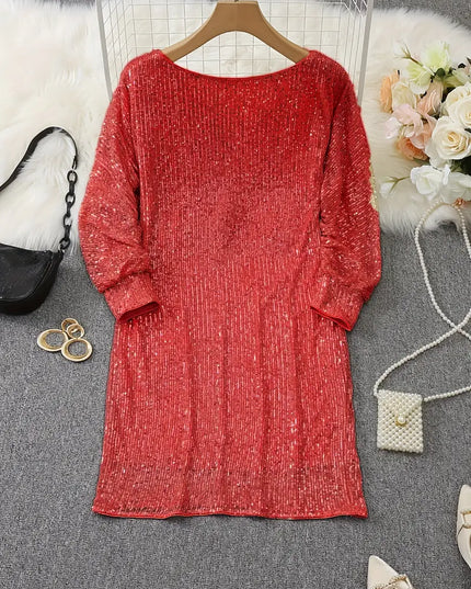 Women's Sequin Mini Dress with Dolman Sleeves and a Bare Shoulder