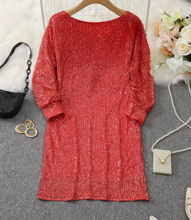 Women's Sequin Mini Dress with Dolman Sleeves and a Bare Shoulder