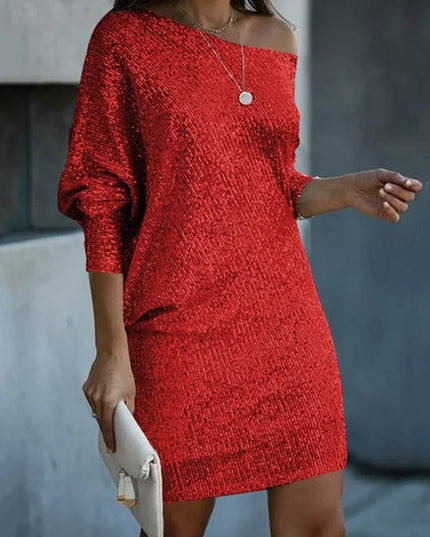 Women's Sequin Mini Dress with Dolman Sleeves and a Bare Shoulder