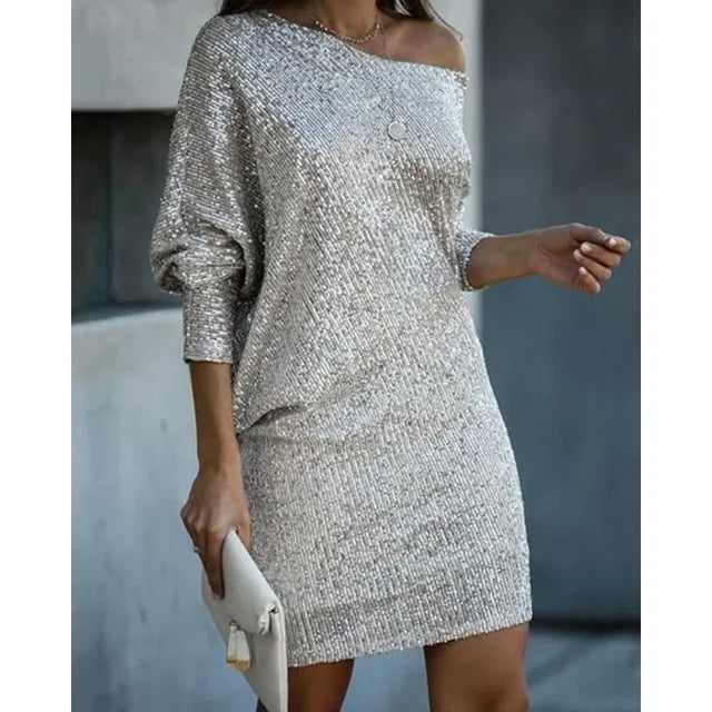 Women's Sequin Mini Dress with Dolman Sleeves and a Bare Shoulder