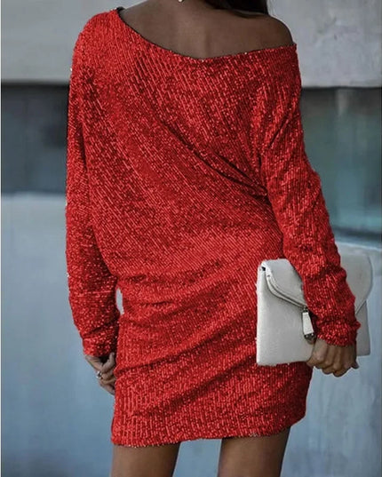 Women's Sequin Mini Dress with Dolman Sleeves and a Bare Shoulder