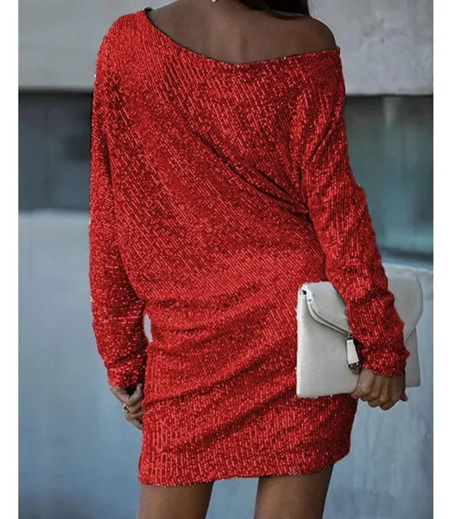Women's Sequin Mini Dress with Dolman Sleeves and a Bare Shoulder