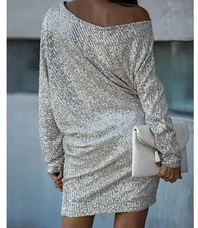 Women's Sequin Mini Dress with Dolman Sleeves and a Bare Shoulder
