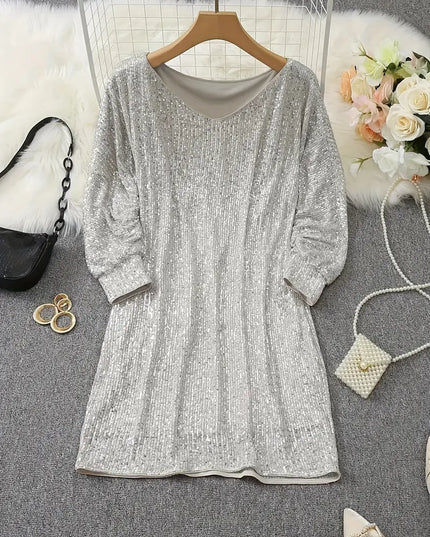Women's Sequin Mini Dress with Dolman Sleeves and a Bare Shoulder