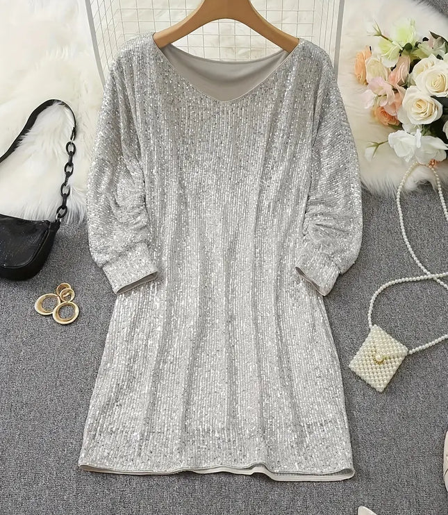 Women's Sequin Mini Dress with Dolman Sleeves and a Bare Shoulder