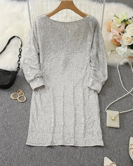 Women's Sequin Mini Dress with Dolman Sleeves and a Bare Shoulder
