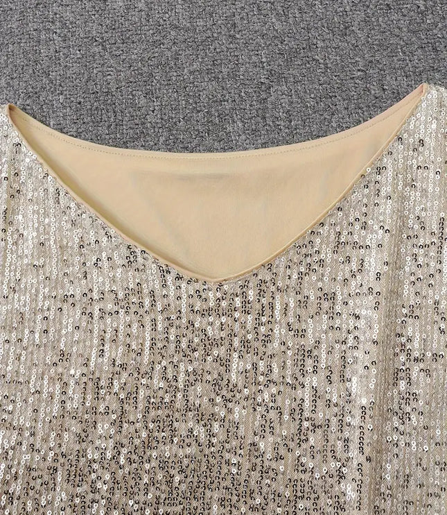 Women's Sequin Mini Dress with Dolman Sleeves and a Bare Shoulder