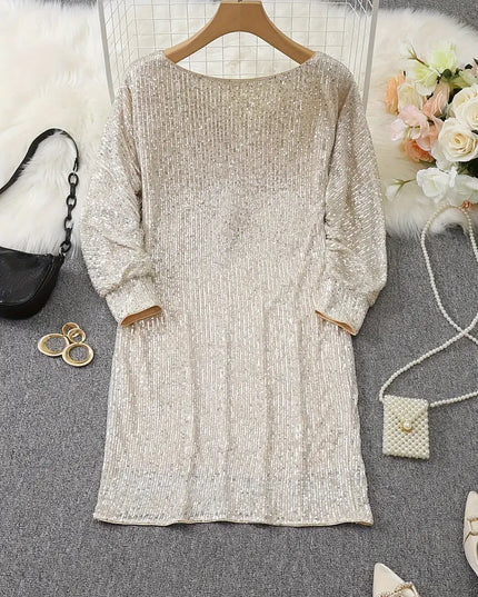 Women's Sequin Mini Dress with Dolman Sleeves and a Bare Shoulder