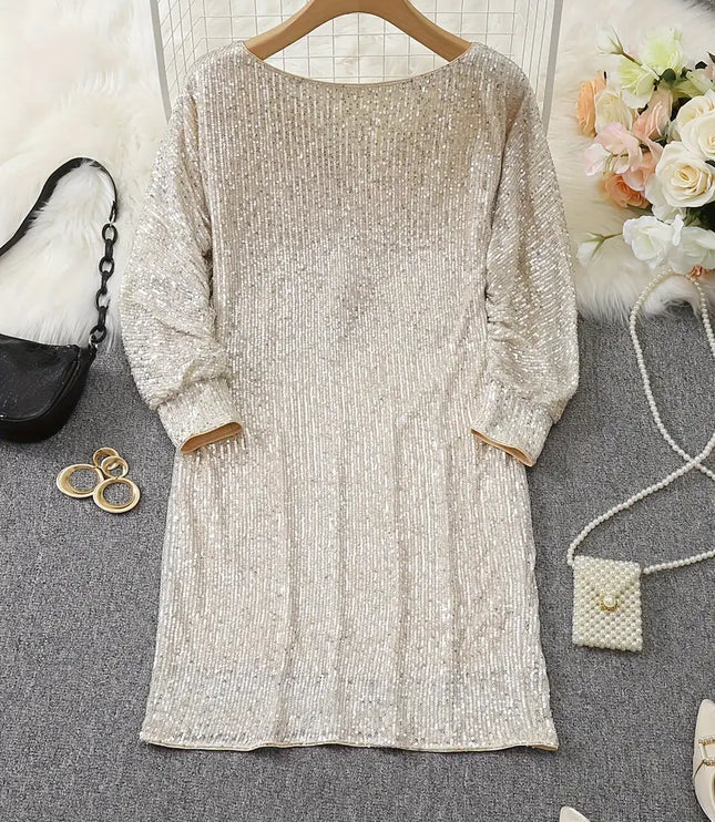 Women's Sequin Mini Dress with Dolman Sleeves and a Bare Shoulder