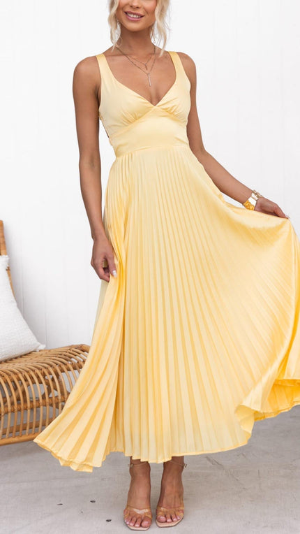 Women's yellow pleated V neck maxi dress with sleeveless bodice and flowing skirt