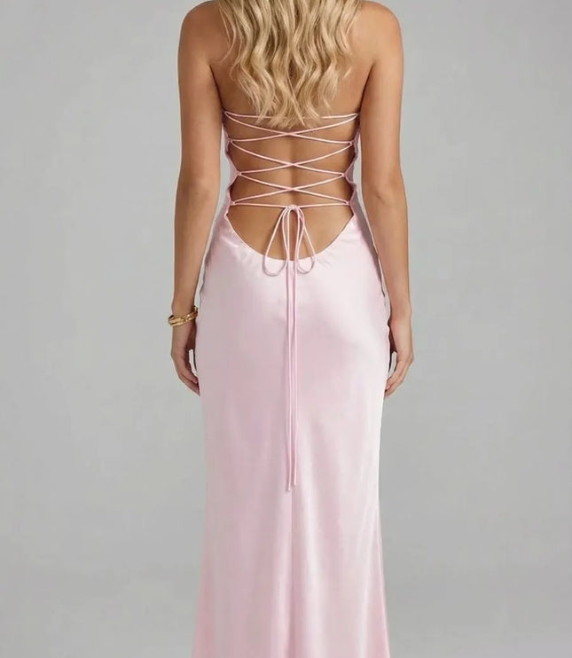 Rear view of pink spaghetti strap maxi dress with crisscross back lacing