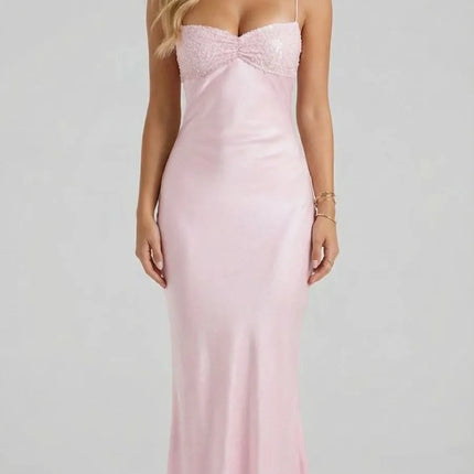 Pink sequin sweetheart spaghetti strap maxi dress with fitted bodice