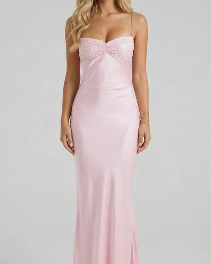 Pink sequin sweetheart spaghetti strap maxi dress with fitted bodice