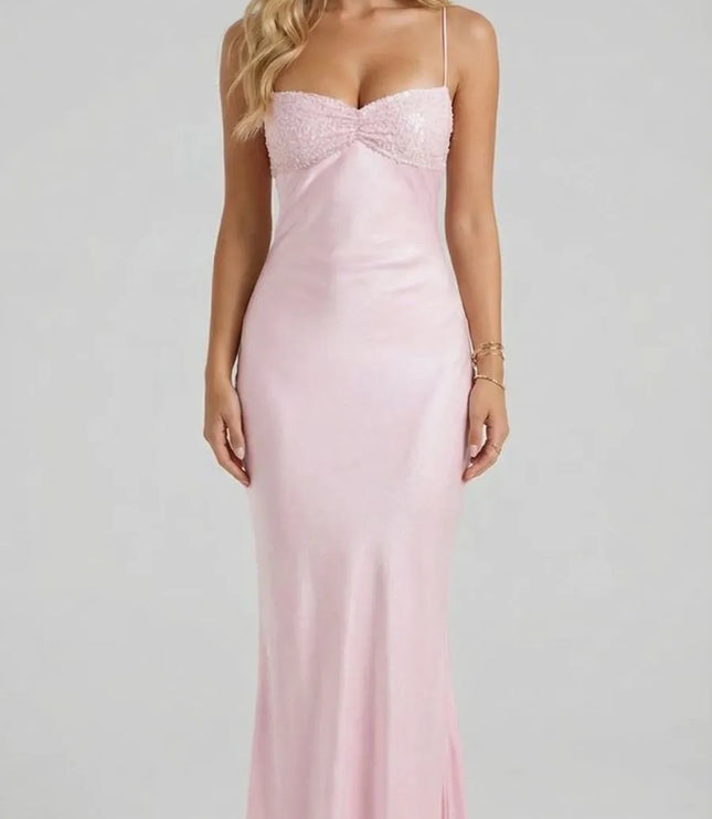 Pink sequin sweetheart spaghetti strap maxi dress with fitted bodice