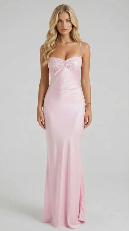Pink sequin sweetheart spaghetti strap maxi dress with fitted bodice