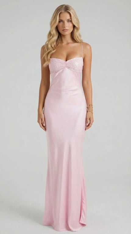 Pink sequin sweetheart spaghetti strap maxi dress with fitted bodice