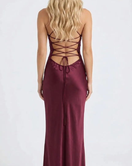 Back view of burgundy satin maxi dress with lace-up strappy detail
