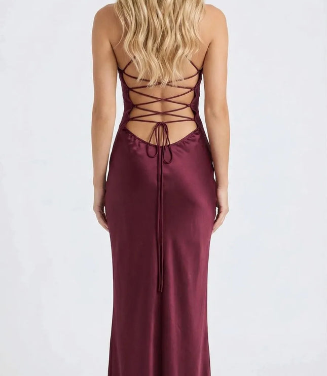 Back view of burgundy satin maxi dress with lace-up strappy detail