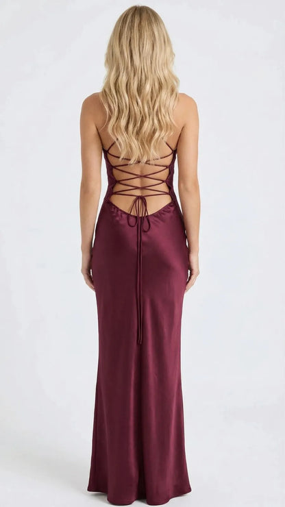 Back view of burgundy satin maxi dress with lace-up strappy detail