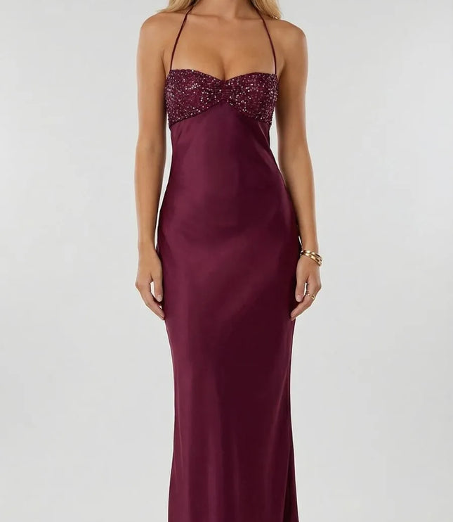Burgundy sequin sweetheart satin maxi dress with halter straps