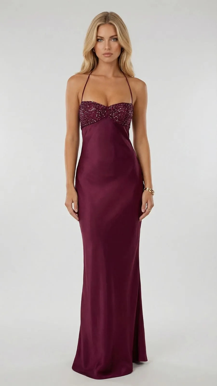 Burgundy sequin sweetheart satin maxi dress with halter straps