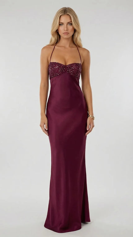 Burgundy sequin sweetheart satin maxi dress with halter straps