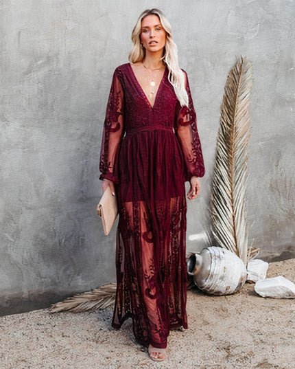 Women's Sheer Lace Gown with a Plunging V-Neck and Leg Slit