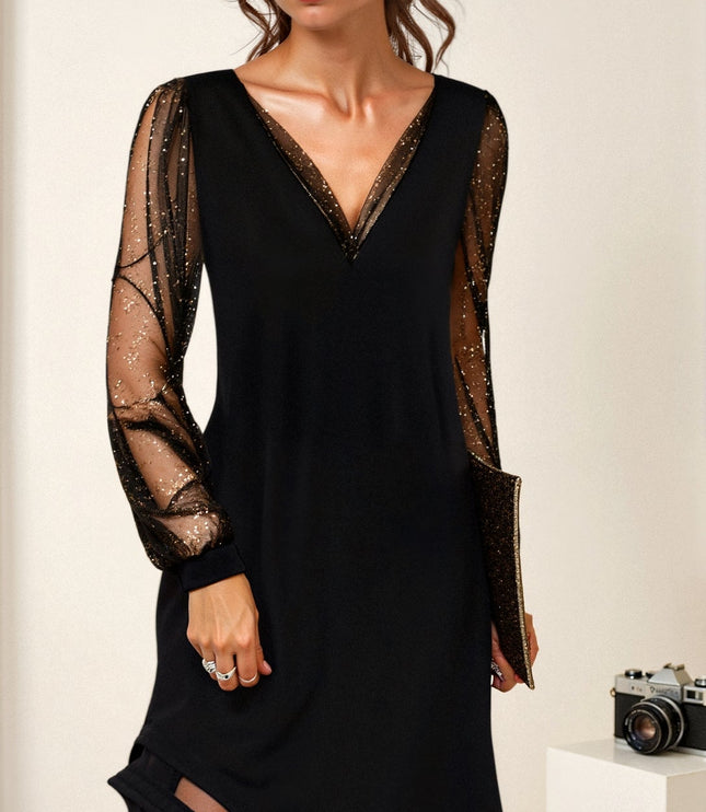 Women's Sheer-Sleeve Cocktail Dress in Black
