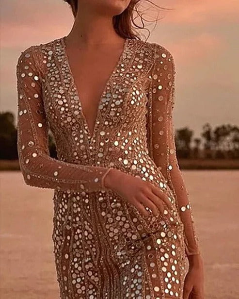 Women's Sheer Sleeve Sequin Mini Dress in Beige