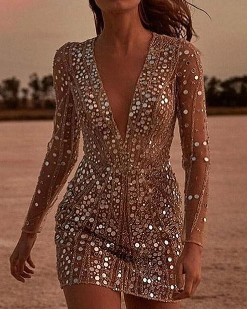 Women's Sheer Sleeve Sequin Mini Dress in Beige
