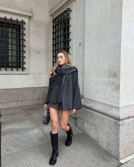 Women's Short Length Draped Scarf Collar Winter Coat