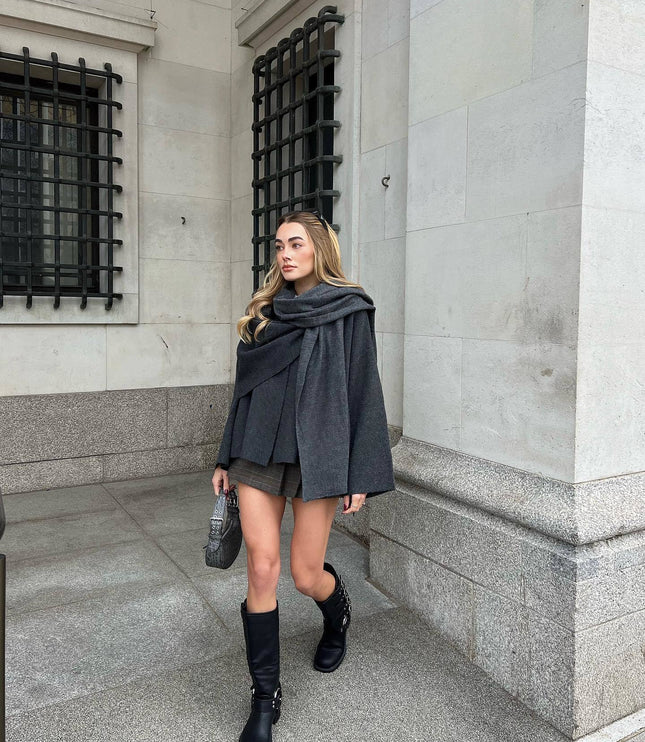 Women's Short Length Draped Scarf Collar Winter Coat