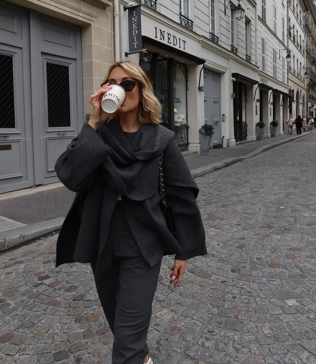 Women's Short Length Draped Scarf Collar Winter Coat