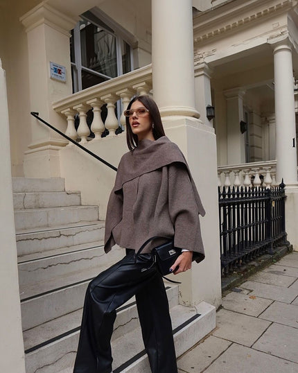 Women's Short Length Draped Scarf Collar Winter Coat